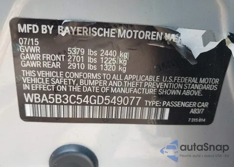 2016 BMW 535I xDrive from USA, damaged, VIN WBA5B3C54GD549077